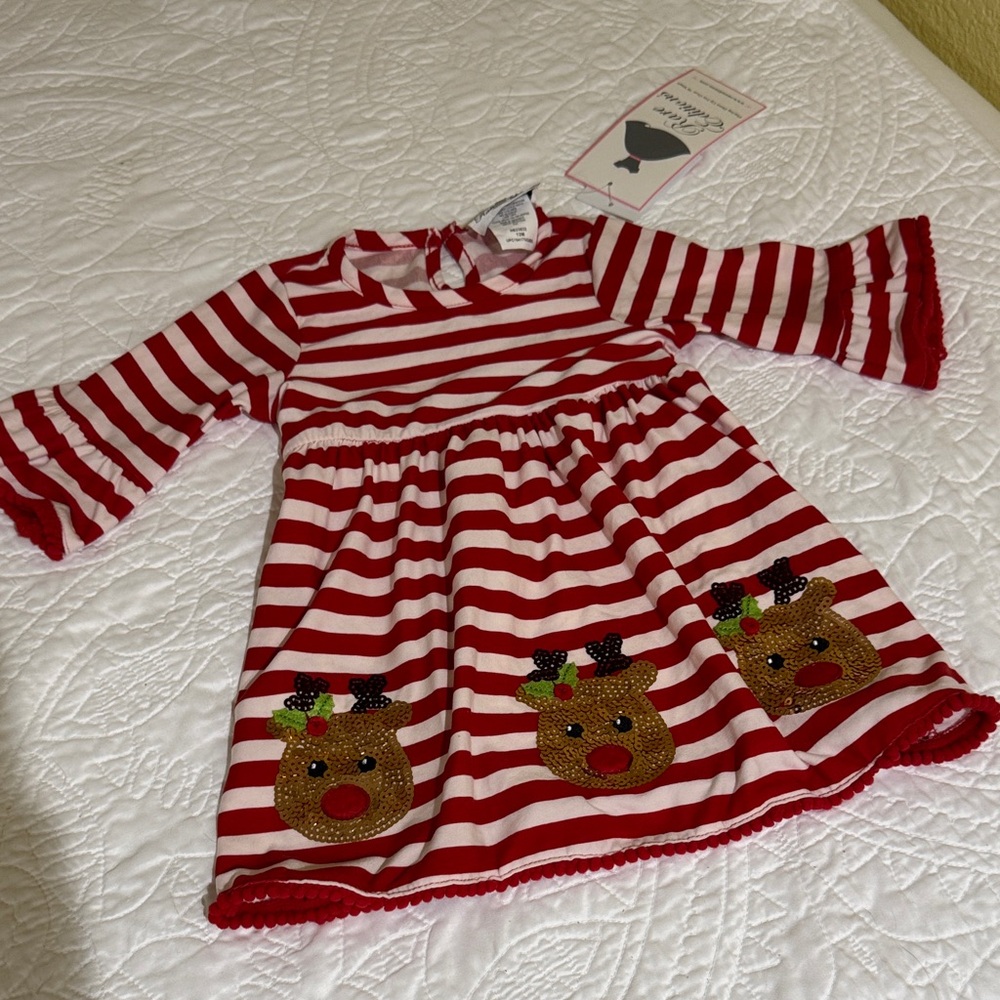New Rare Editions Red White Striped Reindeer Sequins dress size 12 to 18 months